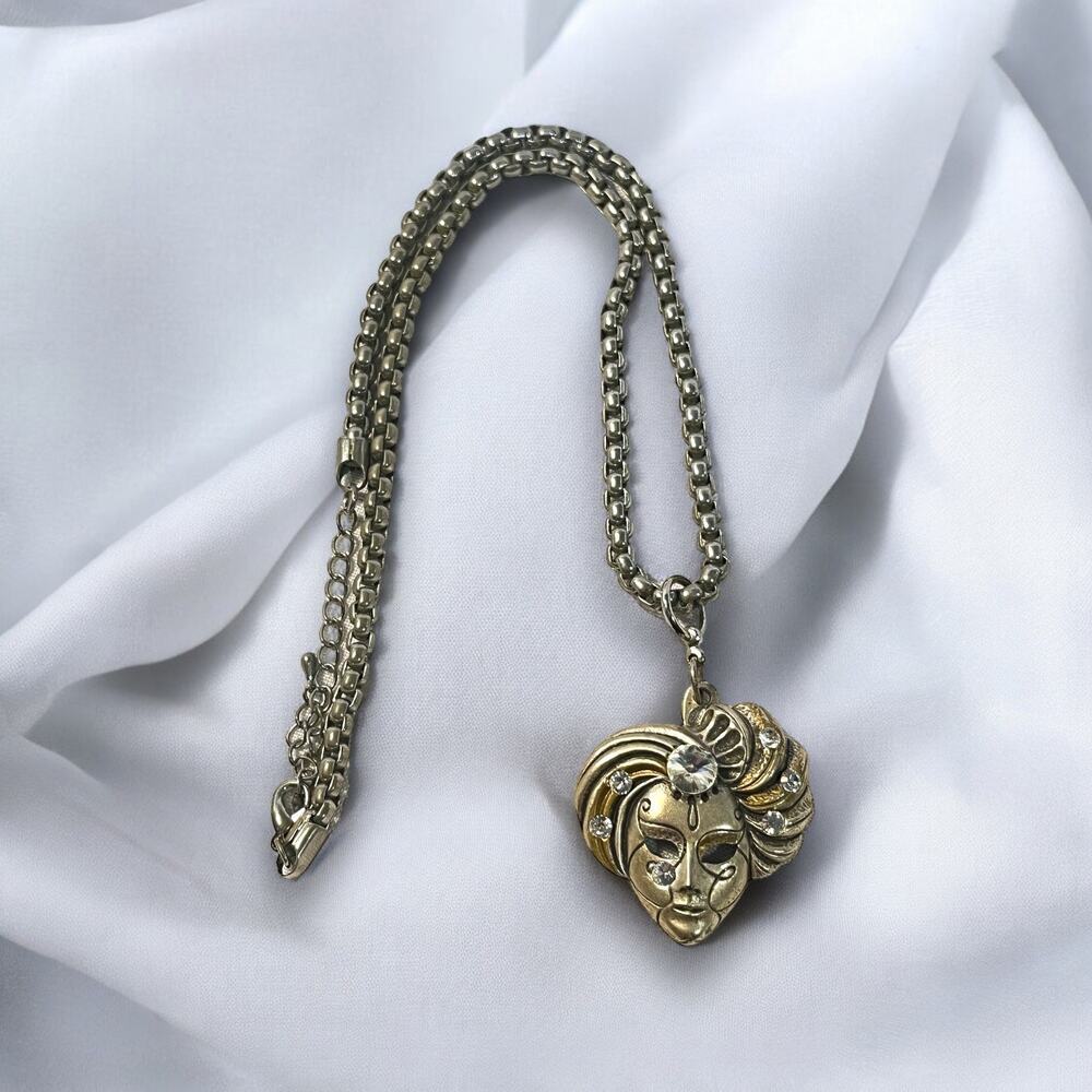 Vintage Mardi Gras Rhinestone Mask Pendant Necklace - Picture 2 of 5